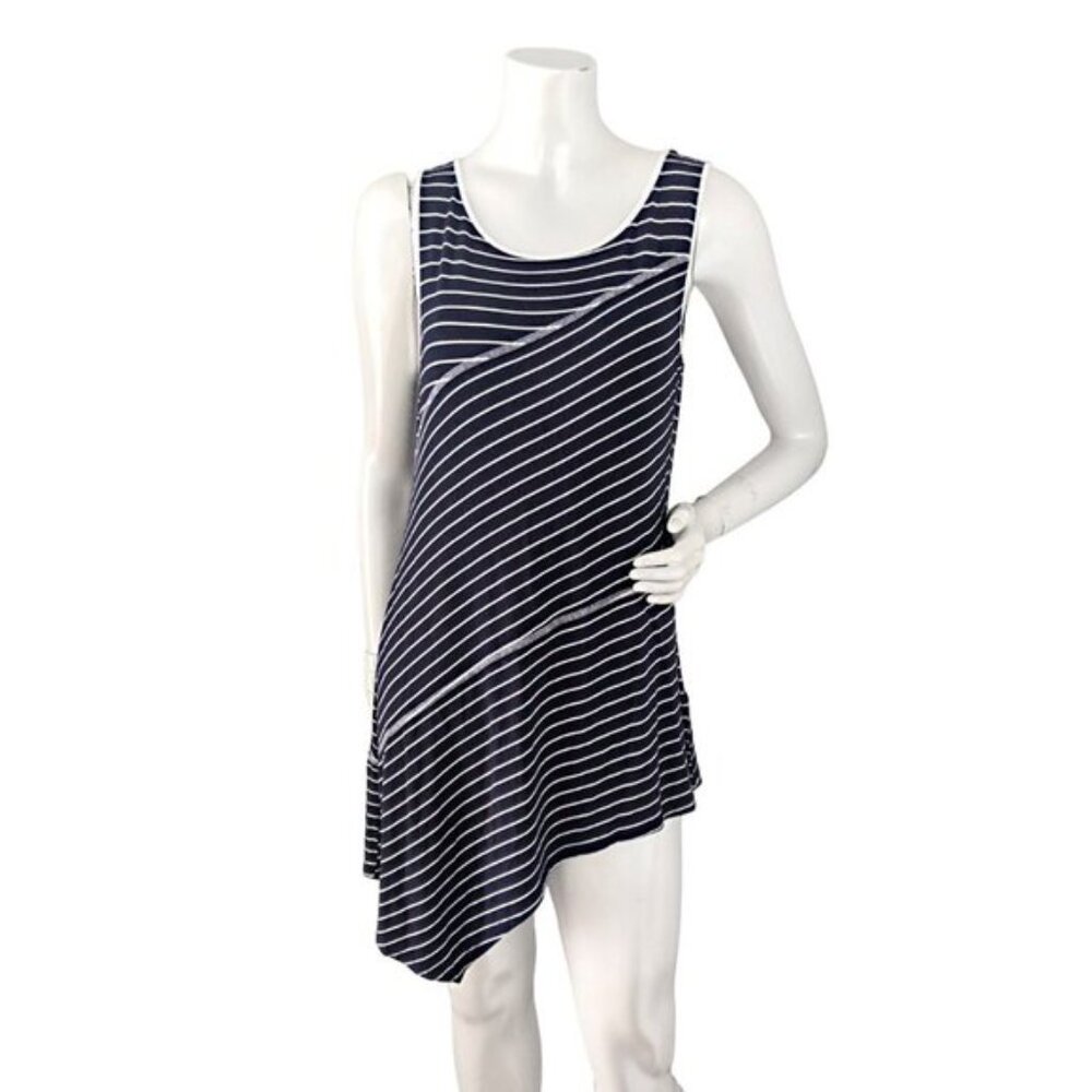 Cable Gauge Striped Asymmetrical Tunic Stretch Sleeveless Blouse Navy White - Picture 4 of 7